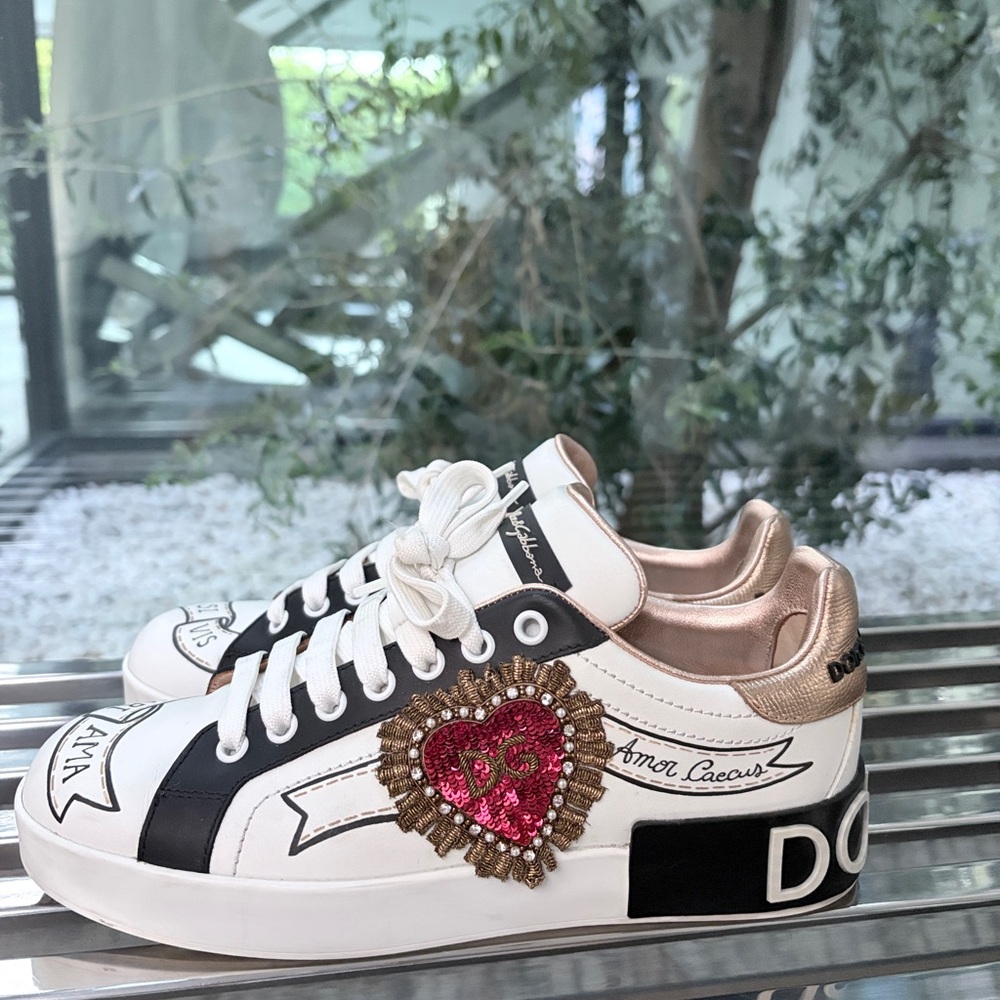 Authentic Dolce & Gabbana Portofino Sacred Heart Sneakers - White/Gold - Size 38